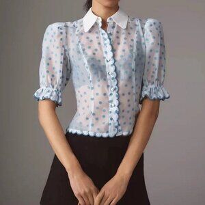 Anthropologie Maeve Puff-Shoulder Collared Slim Blouse in Blue Motif, S